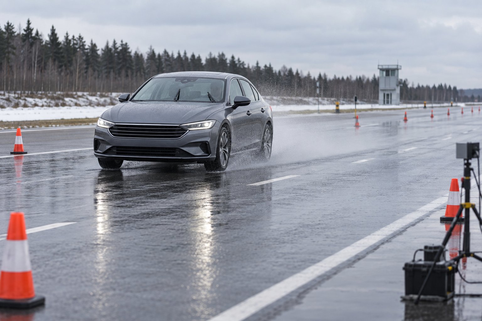 Испытательный автомобиль проходит поворот на мокром полигоне