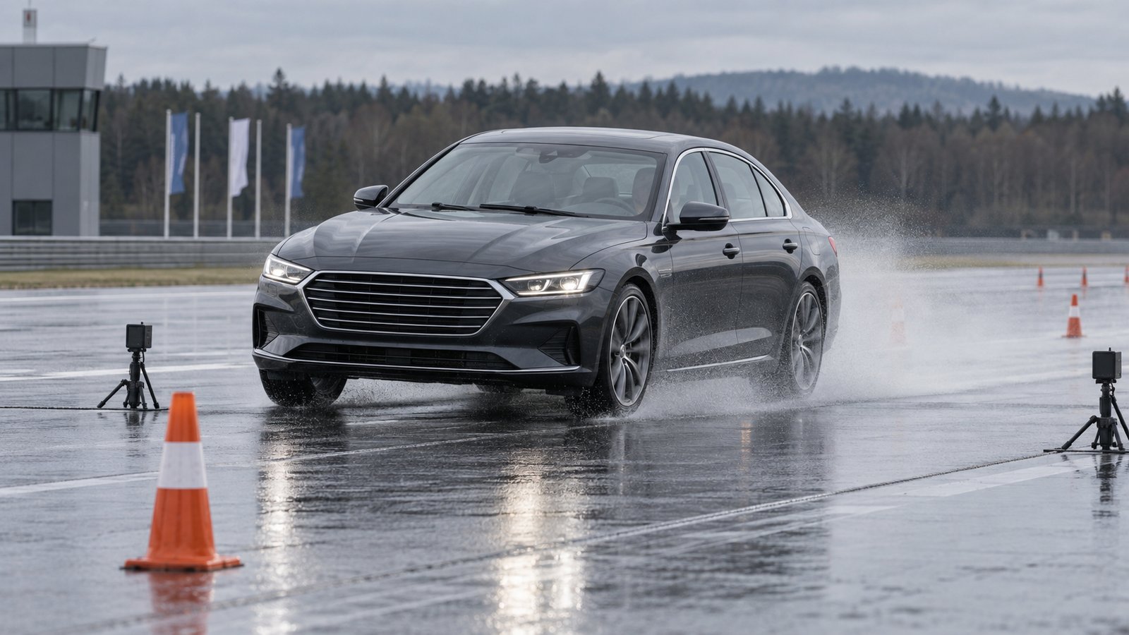 Автомобиль проходит тормозное испытание на мокром полигоне